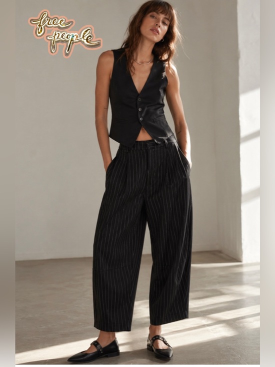 Free People Pants - Free People Tate Pinstriped Barrel Leg Trousers Black Sz 6